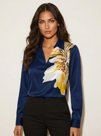 Blouse in satijnlook met watervalhals en subtiele glans voor dames in donkerblauw