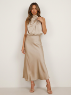Halter midi jurk in satijnlook met drapering voor dames in beige