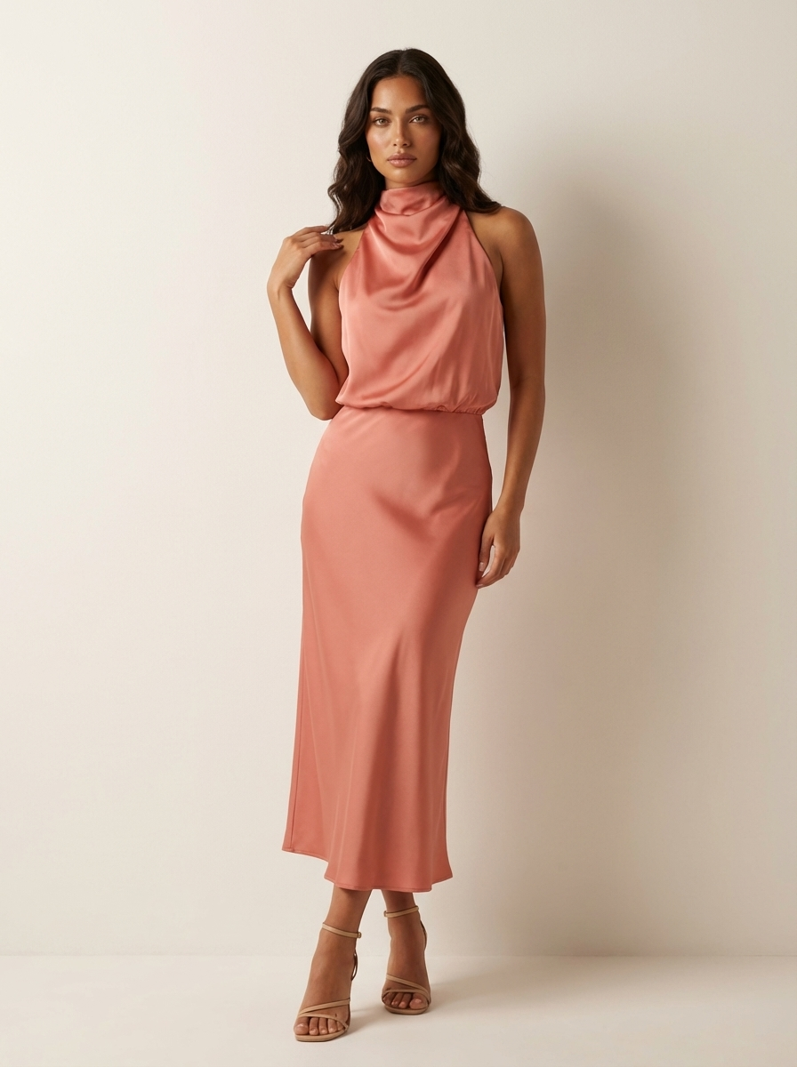 Halter midi jurk in satijnlook met drapering voor dames in zalmroze