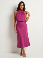Halter midi jurk in satijnlook met drapering voor dames in roze
