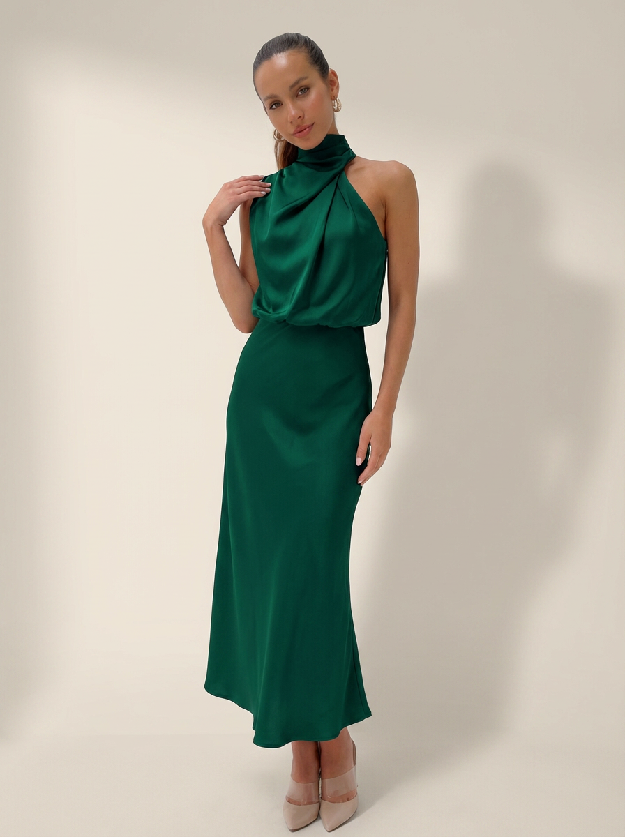 Halter midi jurk in satijnlook met drapering voor dames in groen