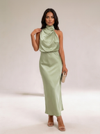 Halter midi jurk in satijnlook met drapering voor dames in lichtgroen