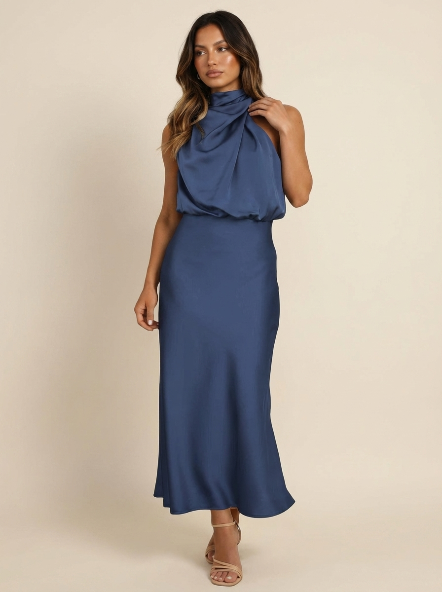 Halter midi jurk in satijnlook met drapering voor dames in marineblauw