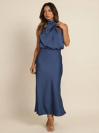 Halter midi jurk in satijnlook met drapering voor dames in marineblauw