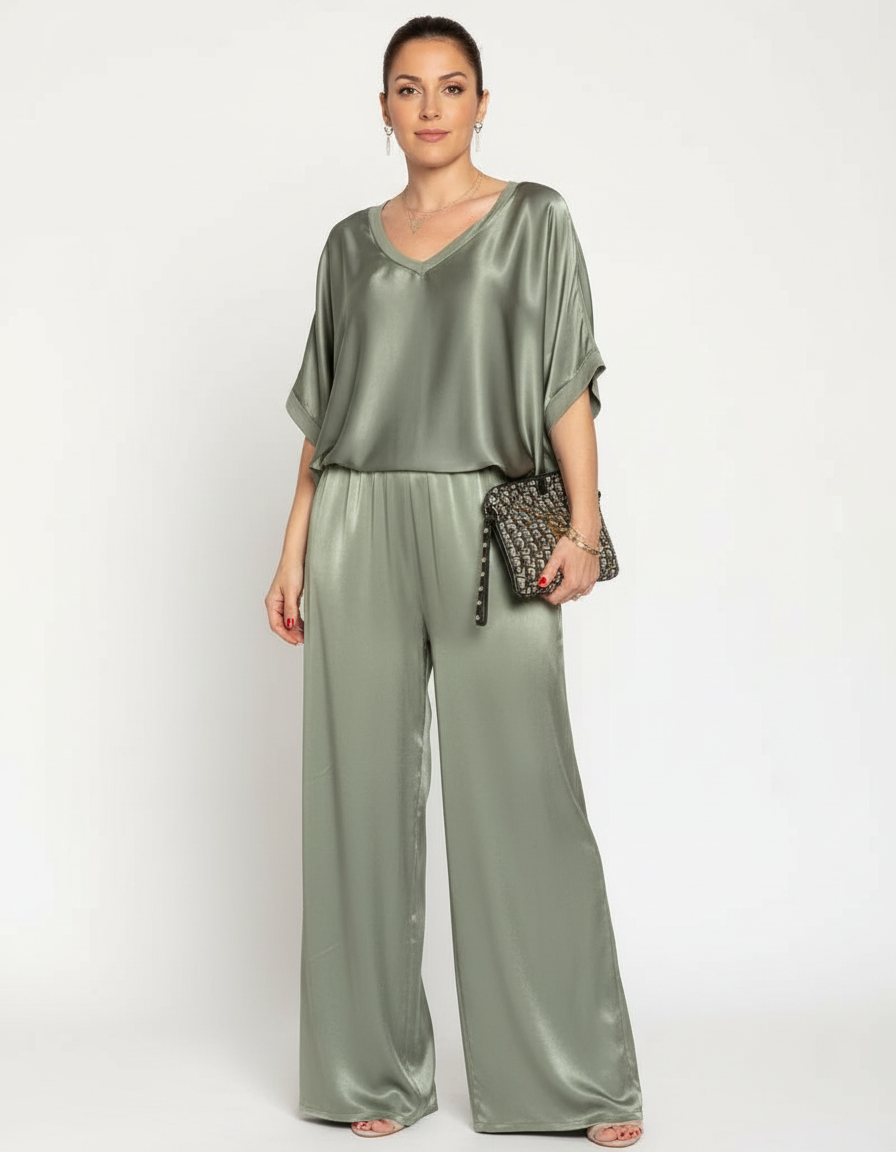 Satijnen lounge set met wide-leg broek voor dames in groen