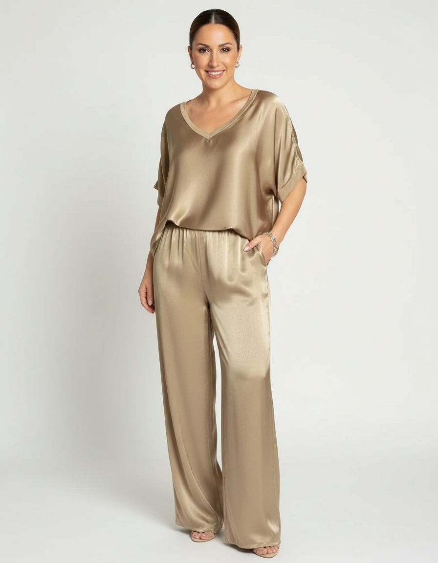 Satijnen lounge set met wide-leg broek voor dames in khaki