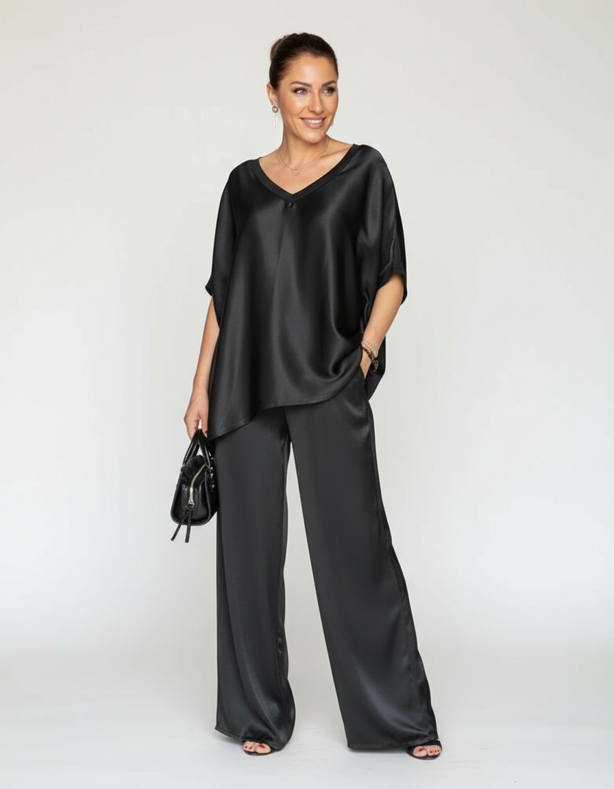 Satijnen lounge set met wide-leg broek voor dames in zwart