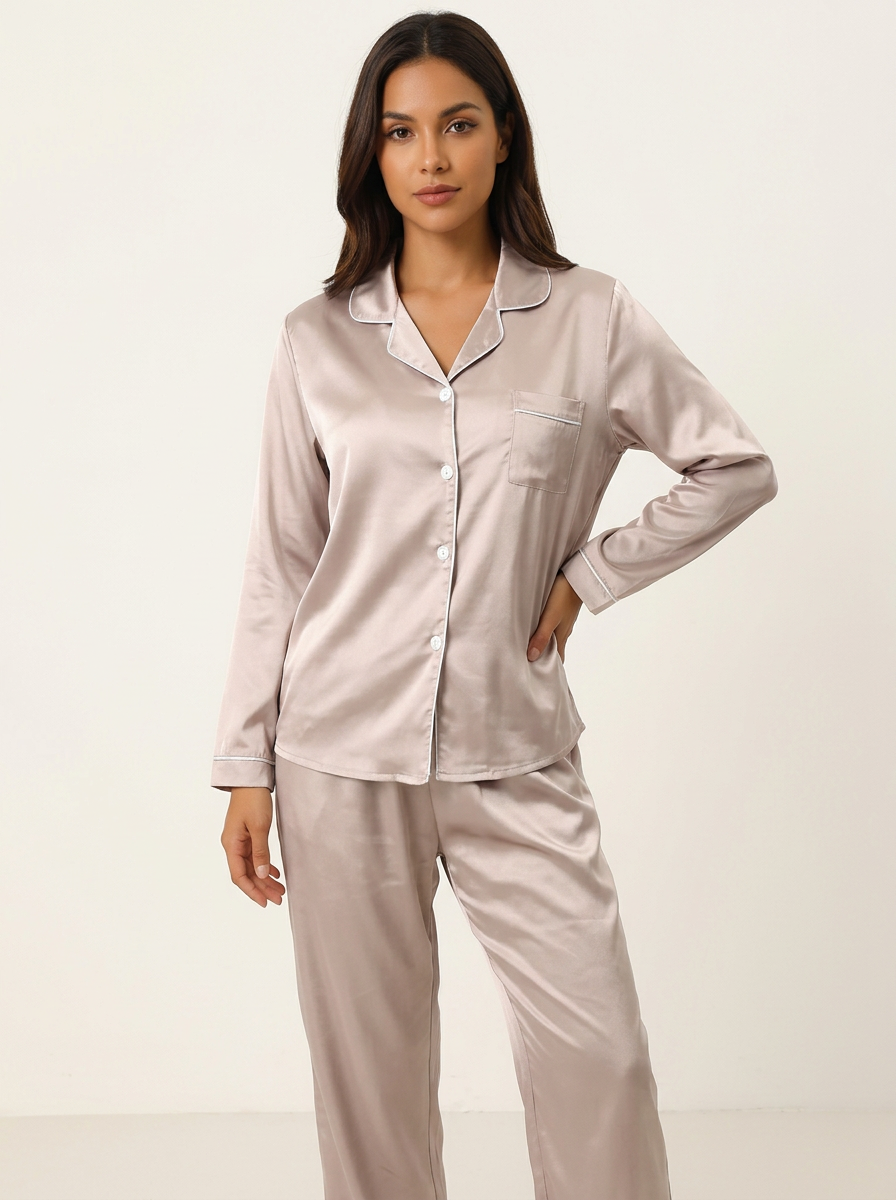 Satijnen pyjama set met knoopsluiting voor dames in champagne