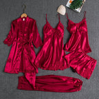5-delige satijnen pyjamaset met kanten details voor dames in rood