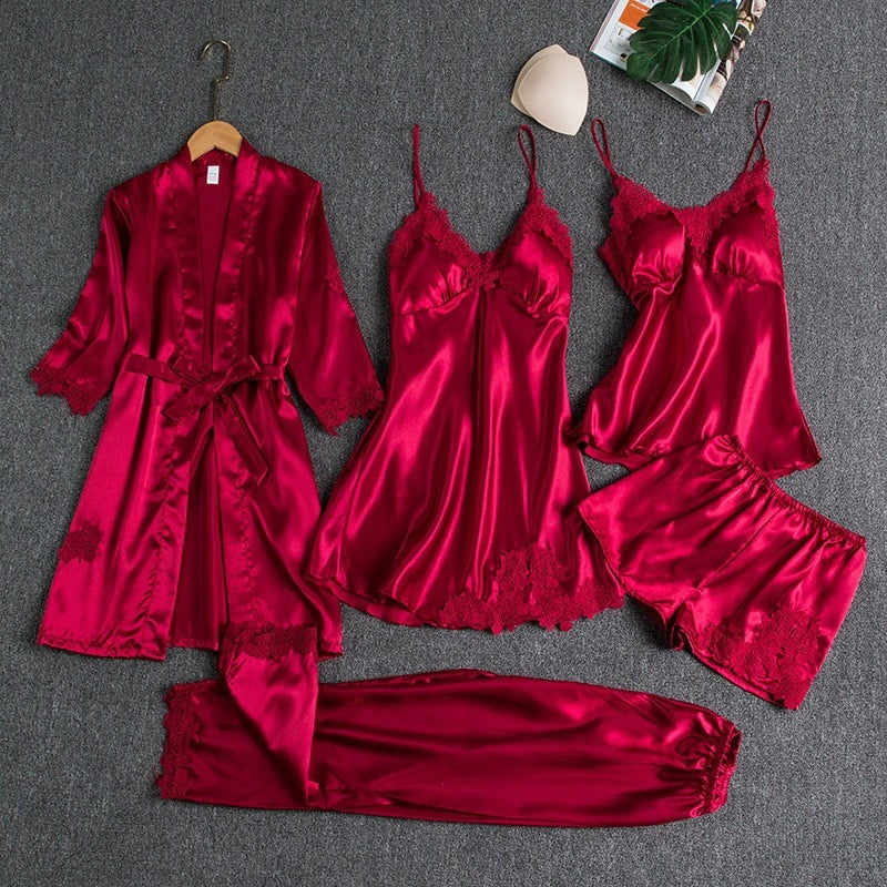 5-delige satijnen pyjamaset met kanten details voor dames in rood