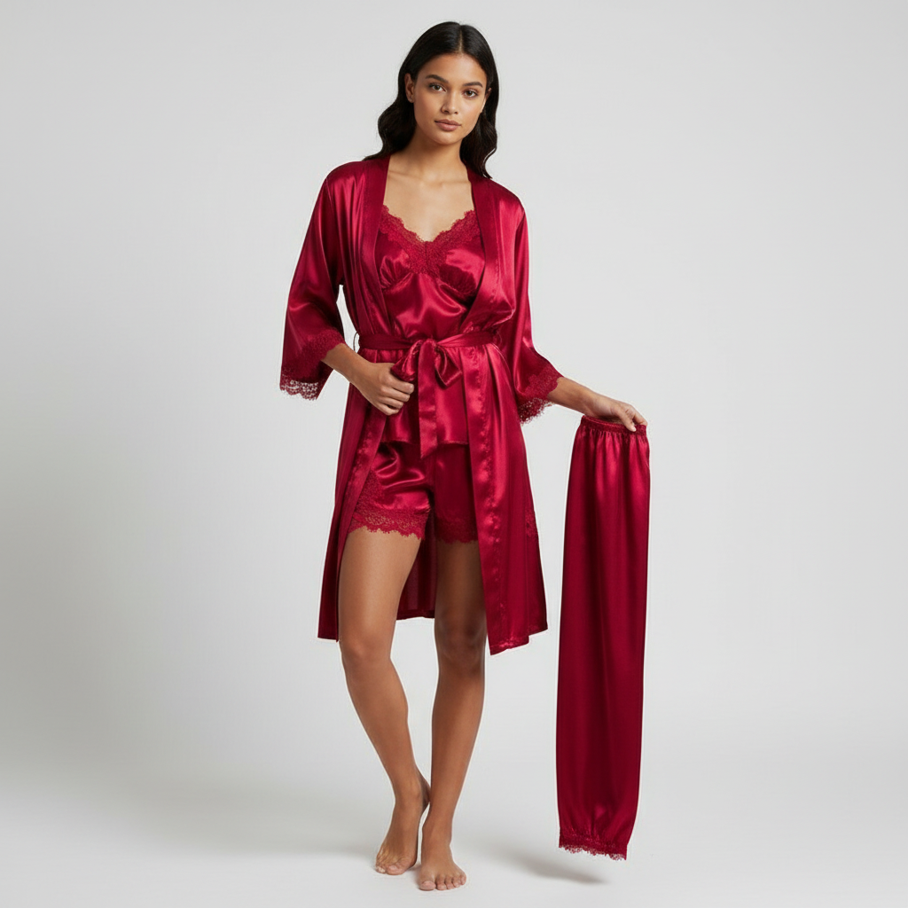 5-delige satijnen pyjamaset met kanten details voor dames