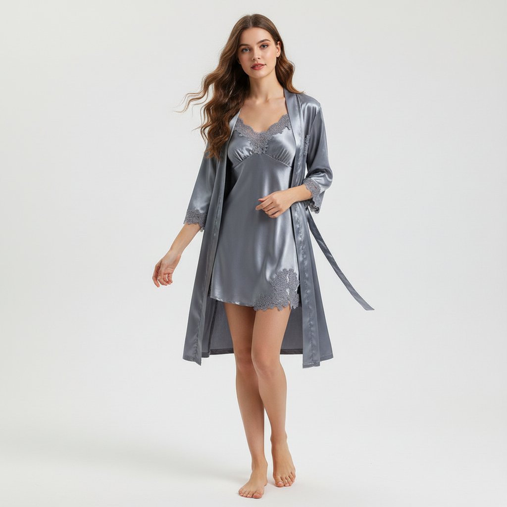 5-delige satijnen pyjamaset met kanten details voor dames