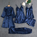 5-delige satijnen pyjamaset met kanten details voor dames in blauw