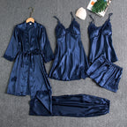 5-delige satijnen pyjamaset met kanten details voor dames in blauw