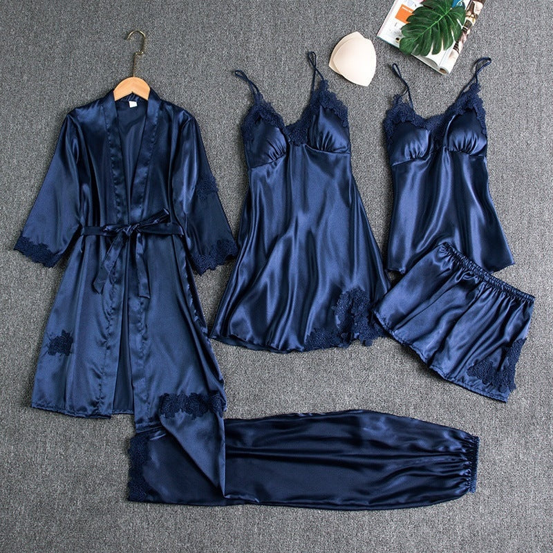 5-delige satijnen pyjamaset met kanten details voor dames in blauw