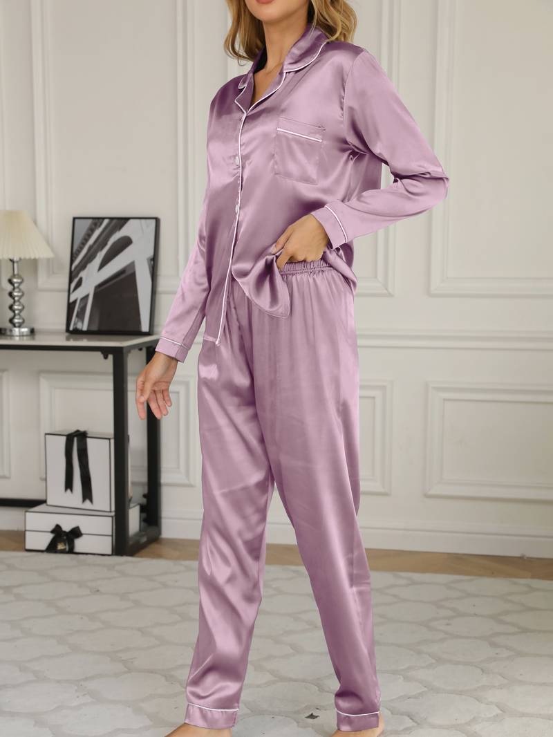 Satijnen pyjamaset met knoopsluiting en lange broek voor dames