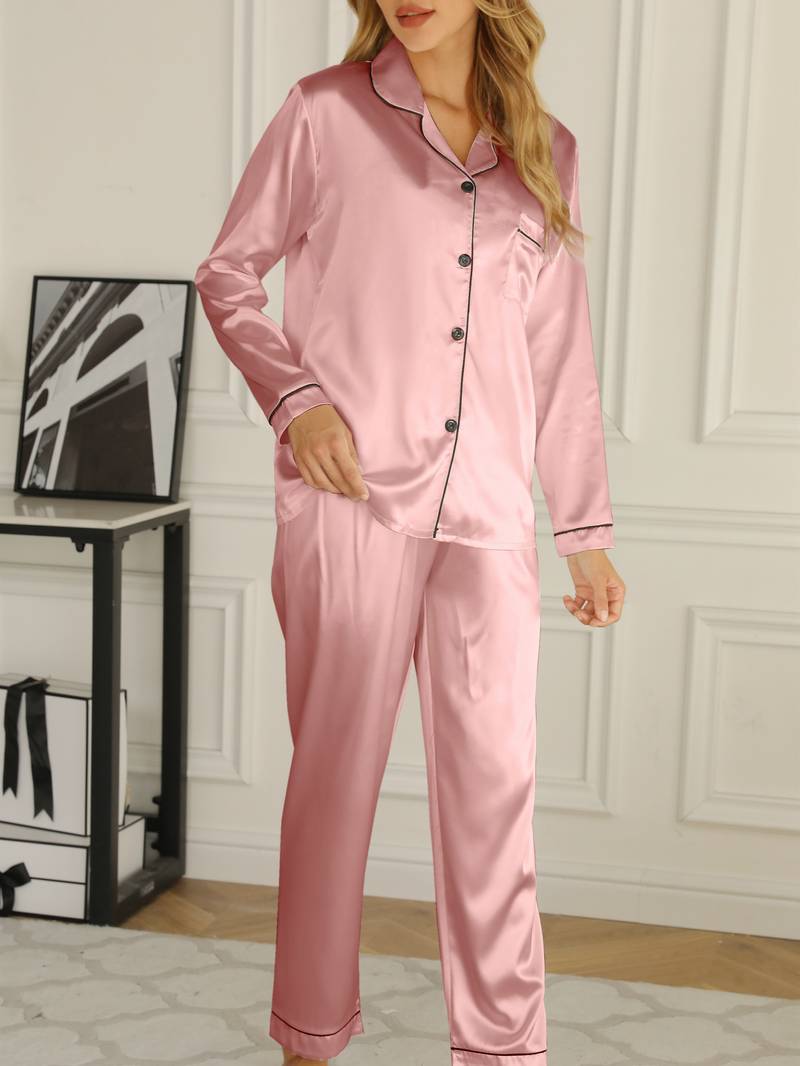 Satijnen pyjamaset met knoopsluiting en lange broek voor dames