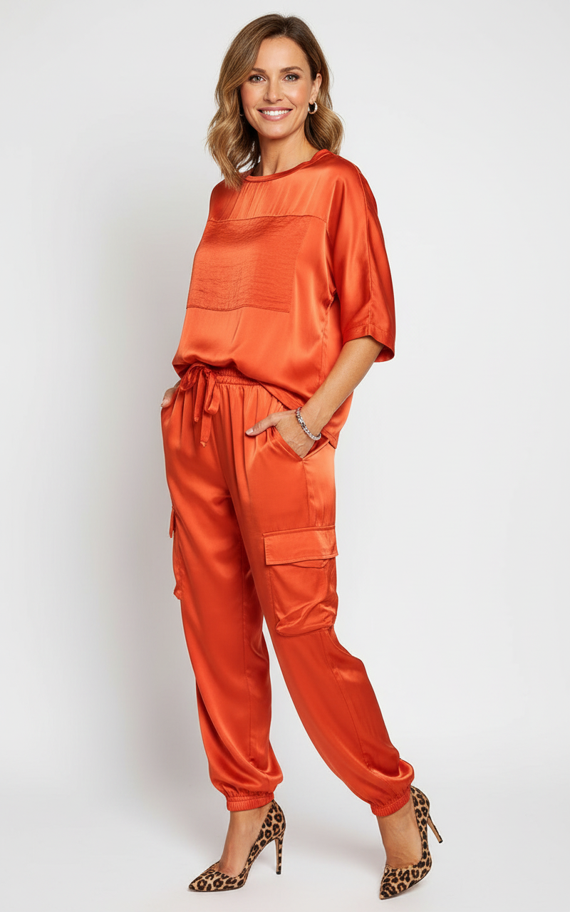 Satijnen set met cargobroek voor dames in rood
