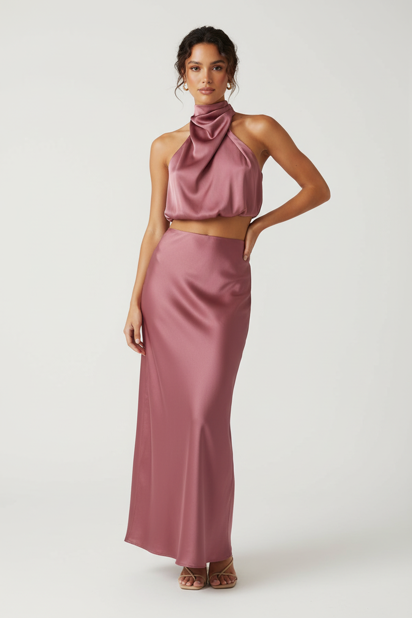 Satijnen set met haltertop en maxi rok