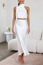 Satijnen set met haltertop en maxi rok