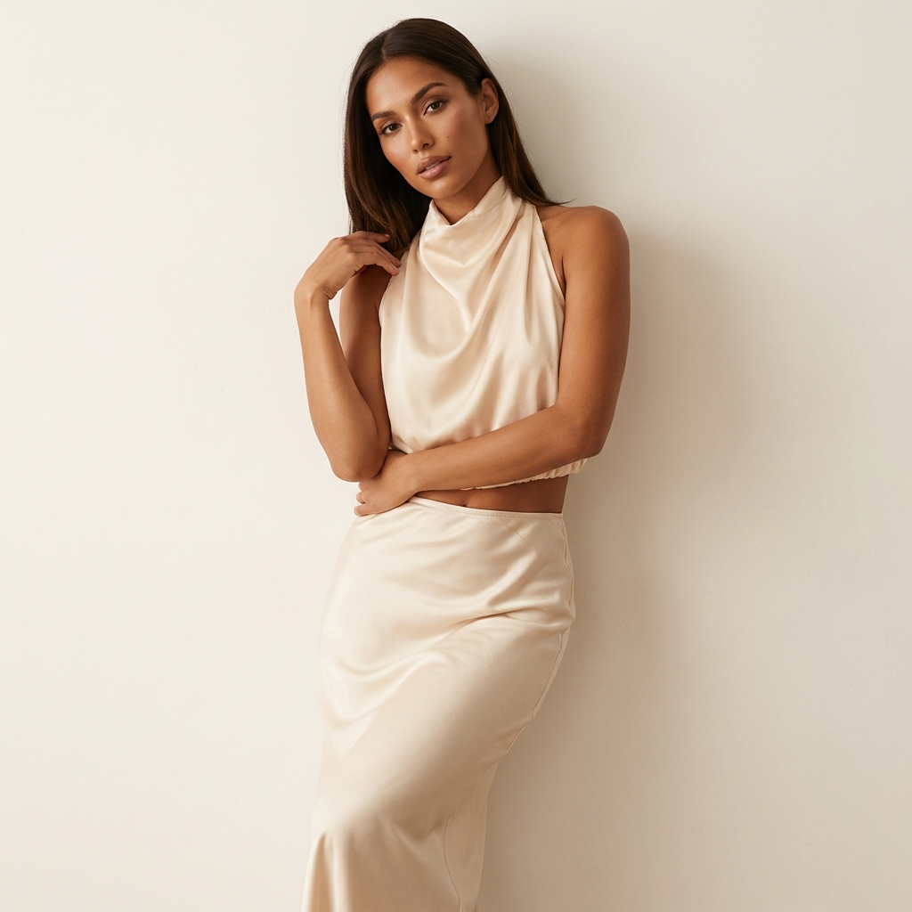 Satijnen set met haltertop en maxi rok