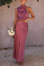 Satijnen set met haltertop en maxi rok