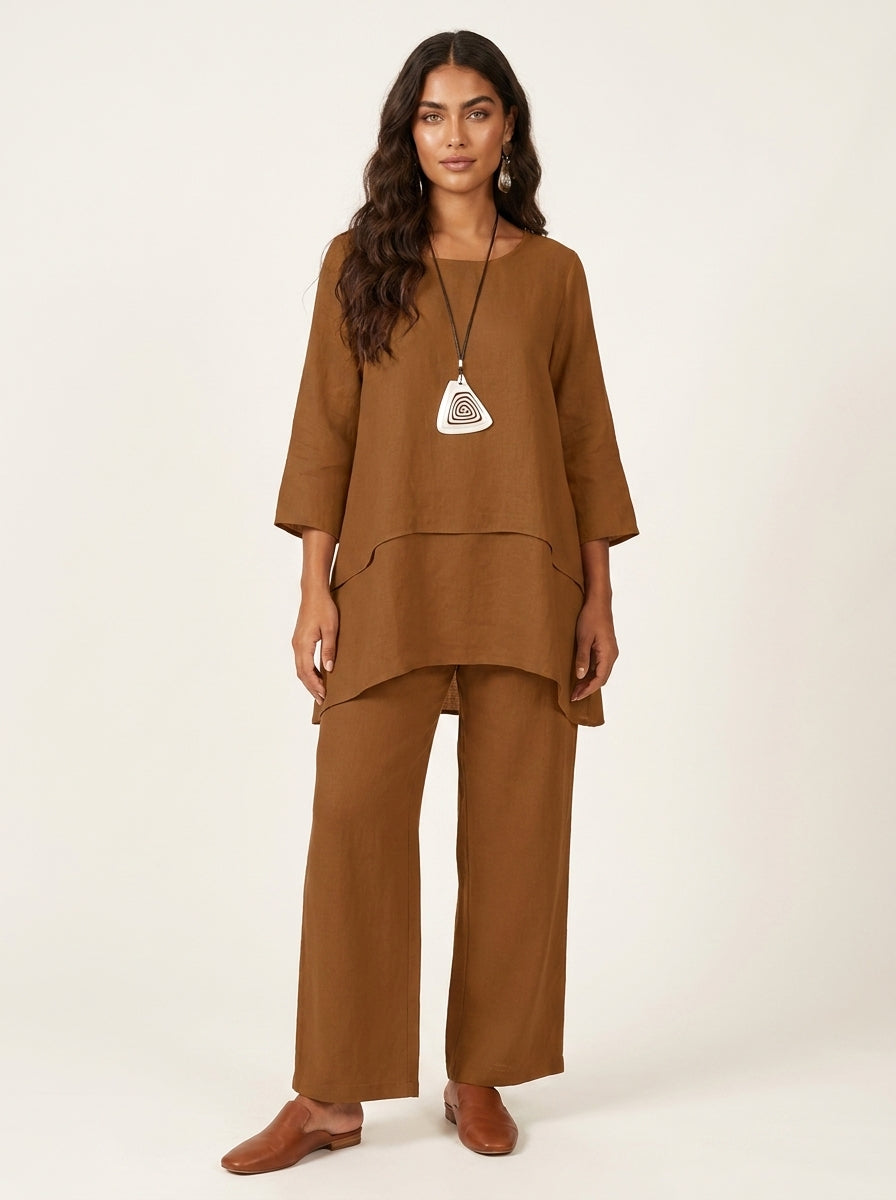 Set met gelaagde tuniek en wijde broek voor dames in khaki