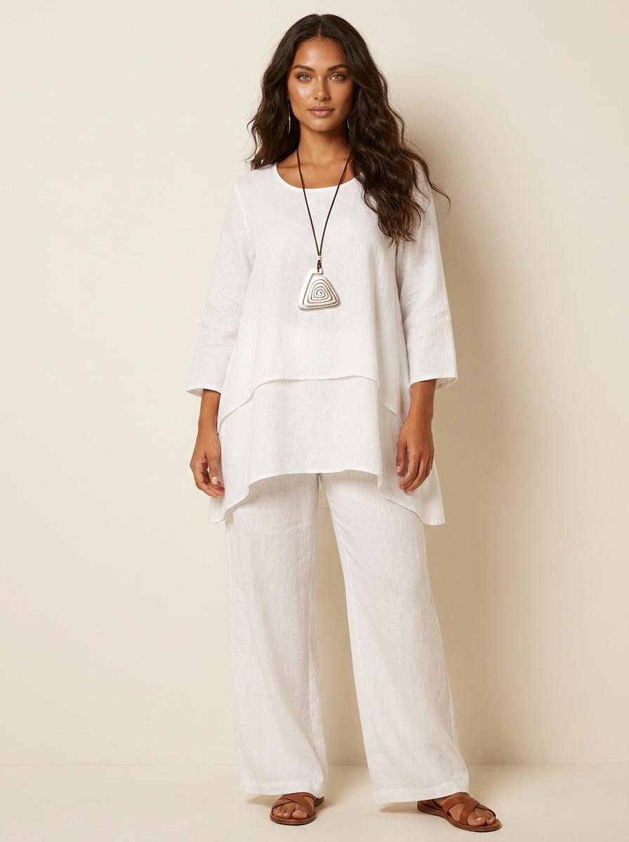 Set met gelaagde tuniek en wijde broek voor dames in wit