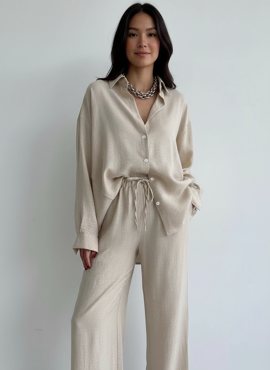 Set met blouse en broek van linnenmix voor dames in beige