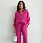 Set met blouse en broek van linnenmix voor dames in roze