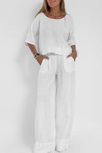 Tweedelige set met cropped top en wijde broek voor dames in wit
