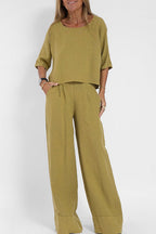 Tweedelige set met cropped top en wijde broek voor dames in khaki