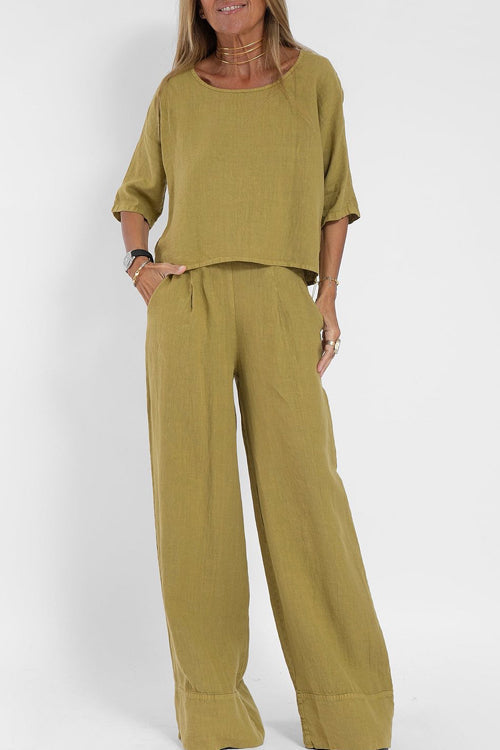 Tweedelige set met cropped top en wijde broek voor dames in khaki