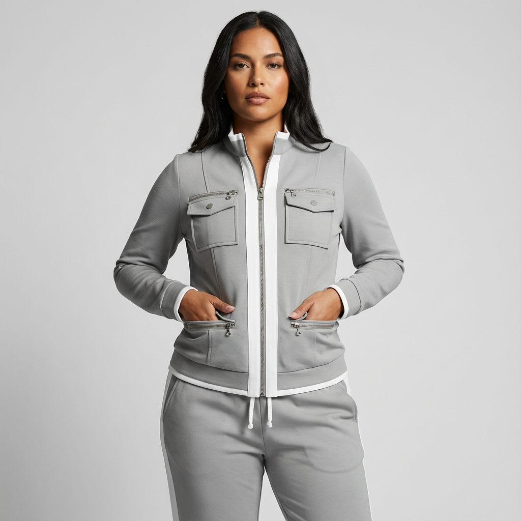 Set met getailleerd ritsjack en contrastbies voor dames in grijs