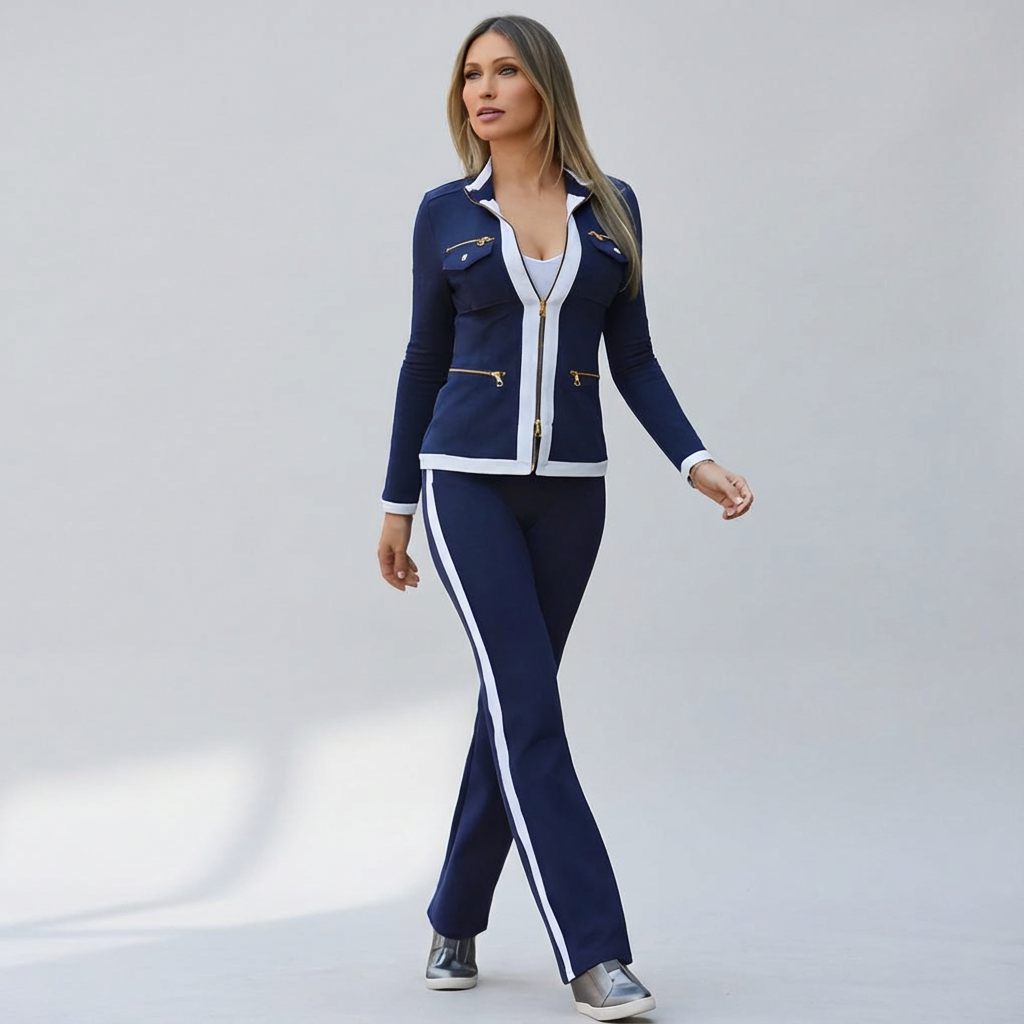 Set met getailleerd ritsjack en contrastbies voor dames in blauw
