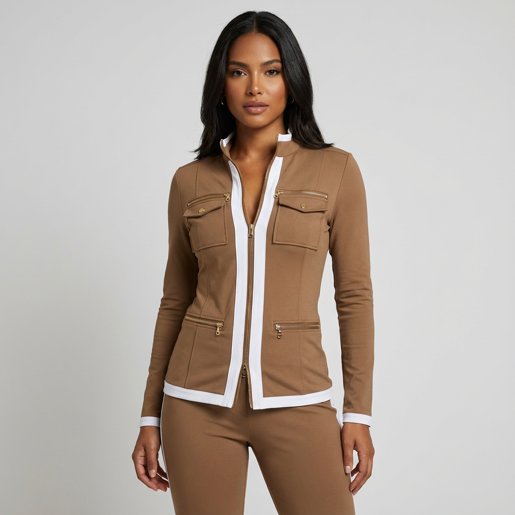 Set met getailleerd ritsjack en contrastbies voor dames in bruin