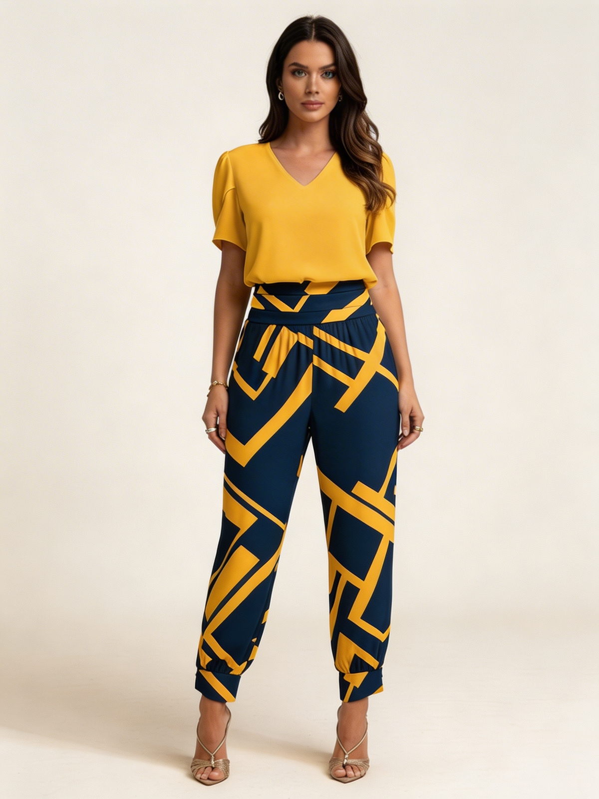 Set met V-hals top en hoge taille broek in geel