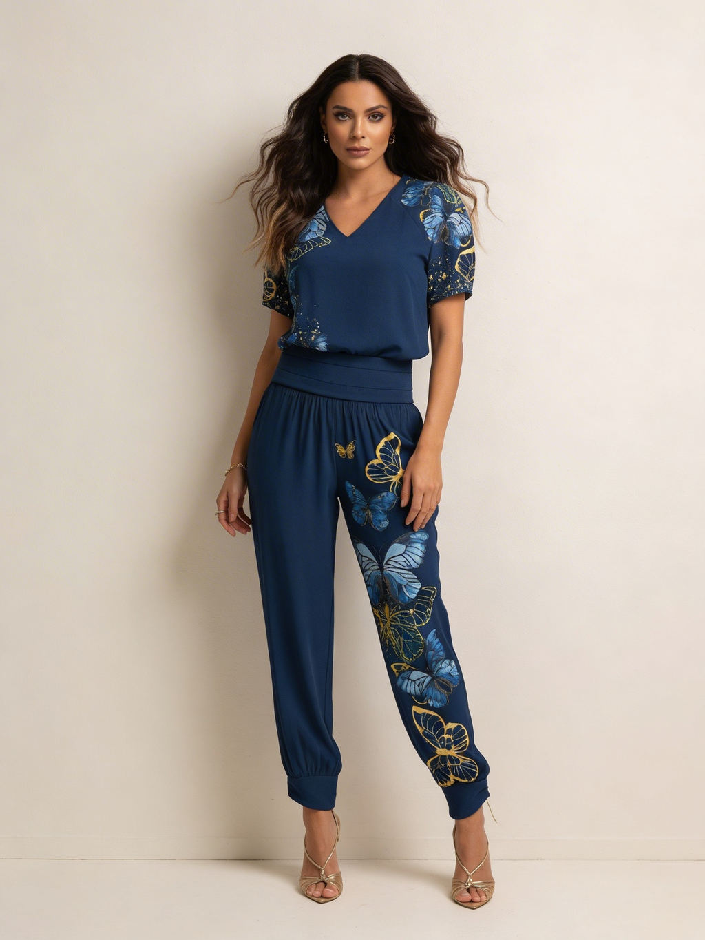 Set met V-hals top en hoge taille broek in blauw