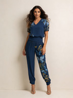 Set met V-hals top en hoge taille broek in blauw