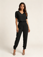Set met V-hals top en hoge taille broek in zwart