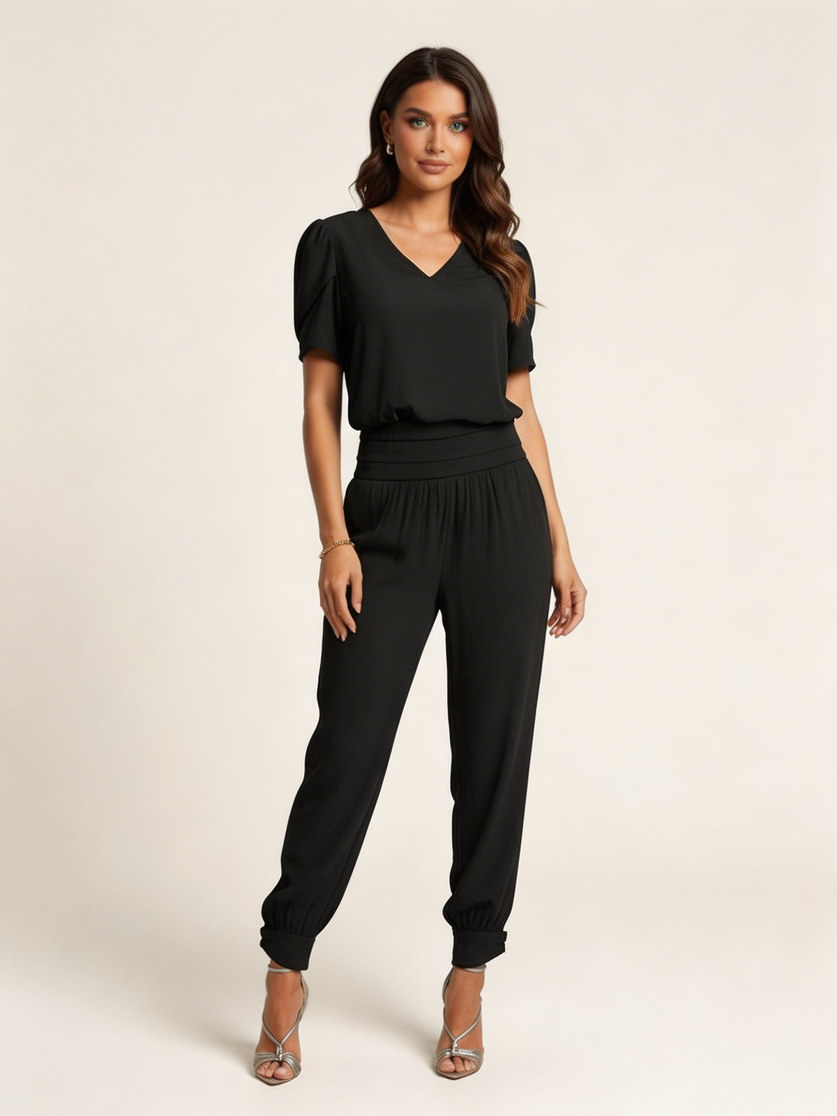 Set met V-hals top en hoge taille broek in zwart