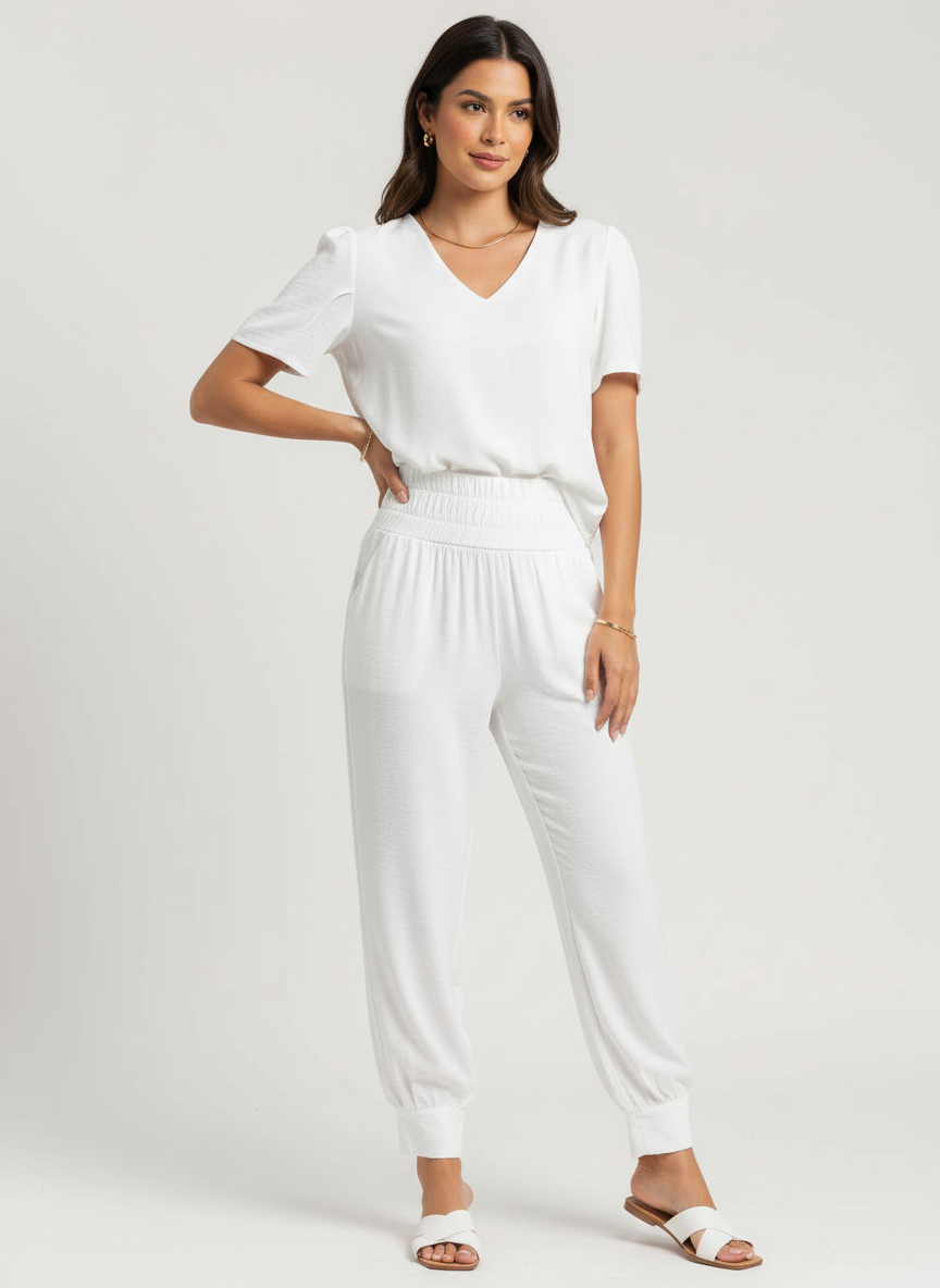 Set met V-halstop en broek met tailleband voor dames in wit