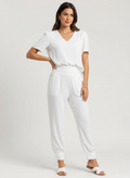 Set met V-halstop en broek met tailleband voor dames in wit