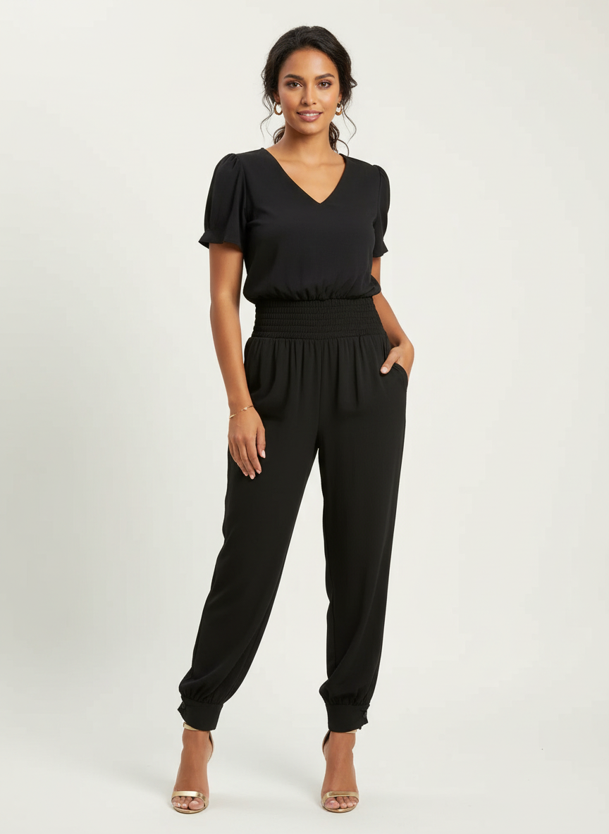 Set met V-halstop en broek met tailleband voor dames in zwart