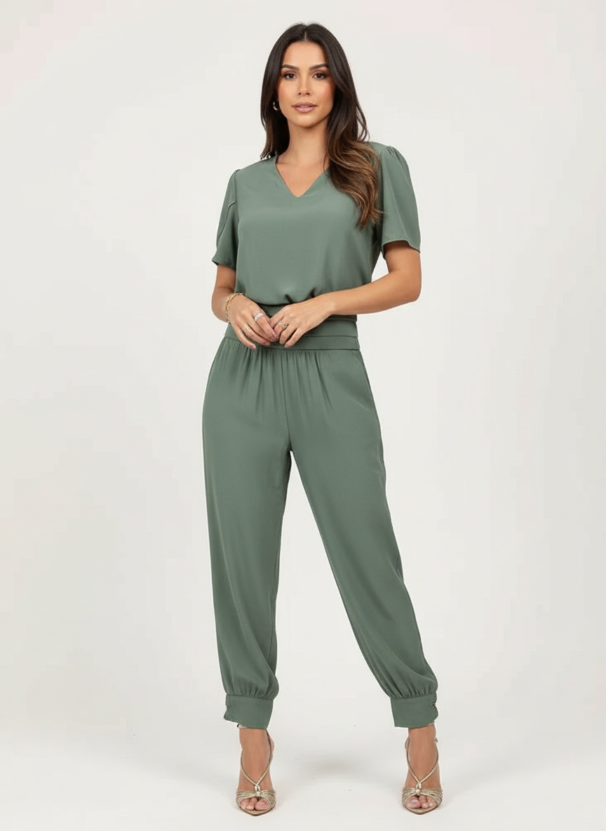 Set met V-halstop en broek met tailleband voor dames in olijfgroen