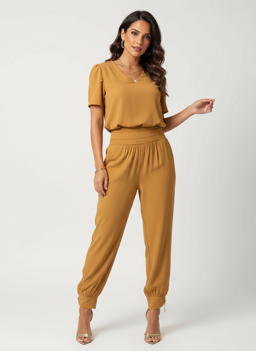 Set met V-halstop en broek met tailleband voor dames in bruin