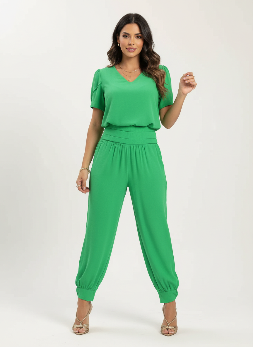 Set met V-halstop en broek met tailleband voor dames in groen