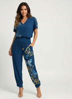 Set met V-halstop en broek met tailleband voor dames in blauw 1