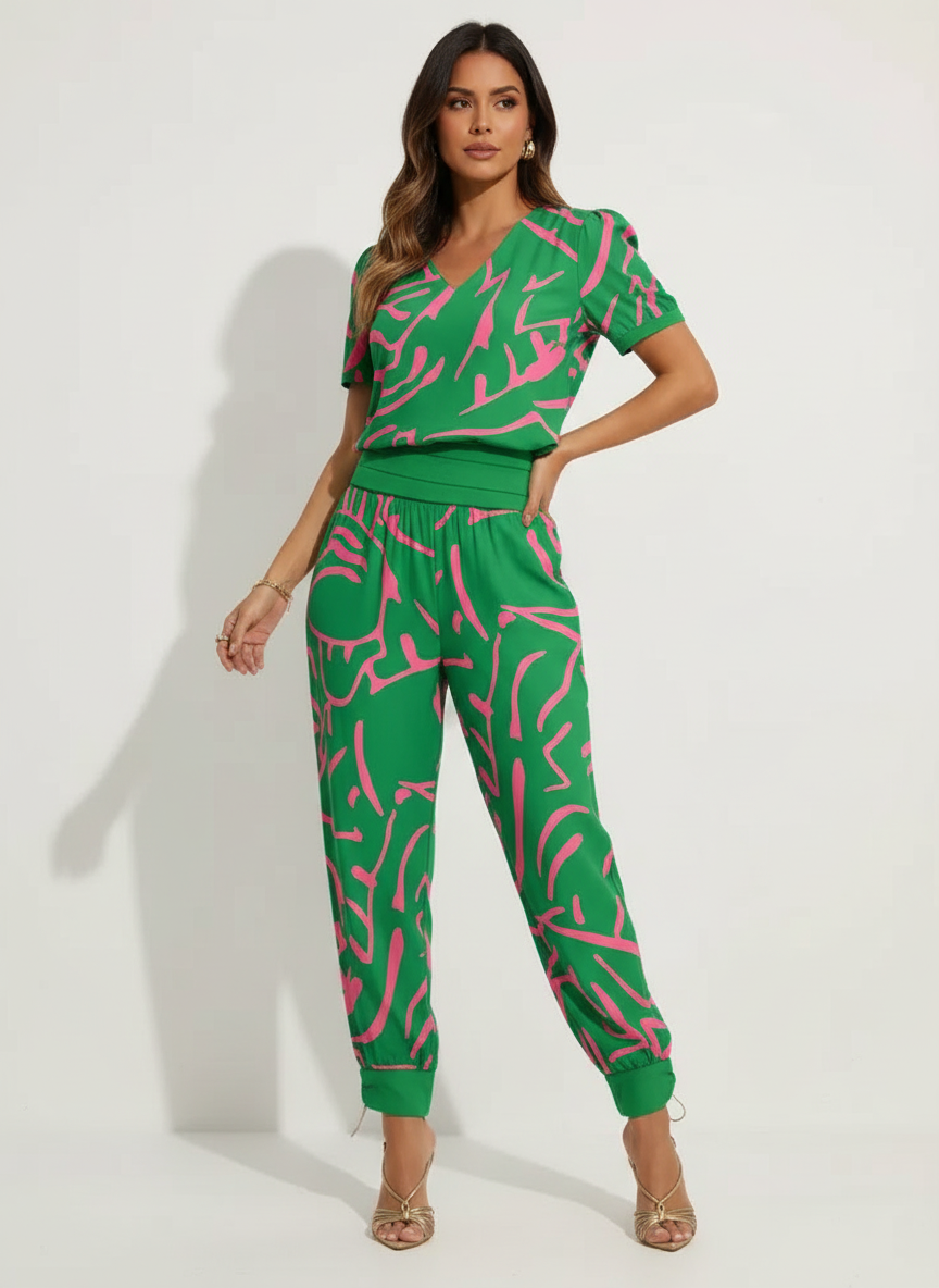 Set met V-halstop en broek met tailleband voor dames in groen-roze