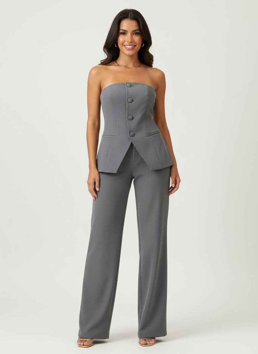 Strapless pantalon set met verfijnde tailoring voor dames in grijs